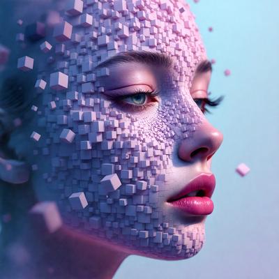 The primary subject of the image is a woman with a purple face, which appears to be a digital art or illustration. The setting is a blue background, and the visual style suggests that the image is a creative and artistic representation of the woman's face. The colors and mood of the image are predominantly purple, which gives it a unique and intriguing appearance.